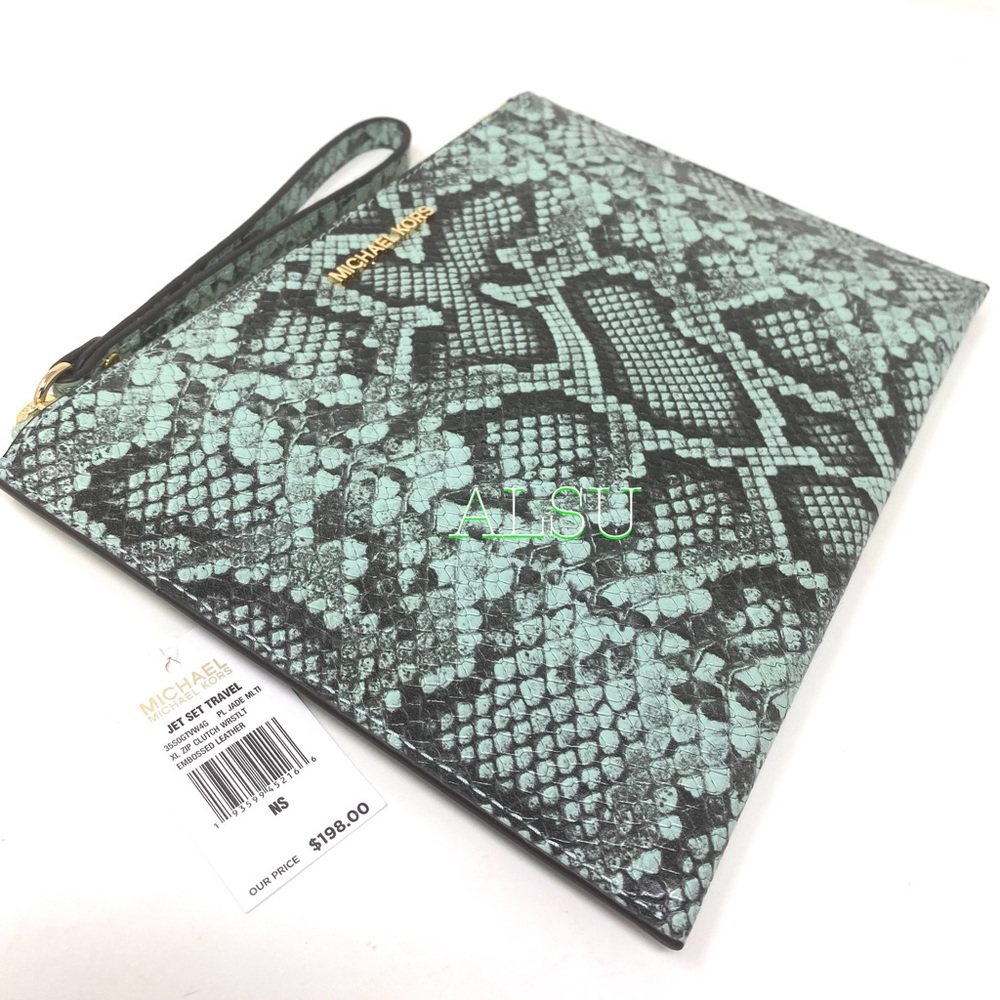 🎄 SANTA’S DEAL 🎄 Michael Kors Clutch ZIP XL Embossed Leather Jade 35S0GTVW4G - Picture 6 of 8